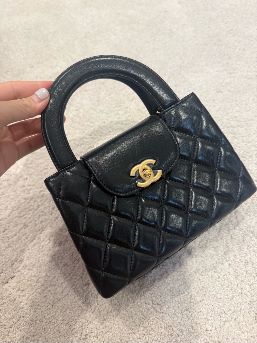 CHANEL Black Quilted Mini Top-Handle Bag with Gold CC